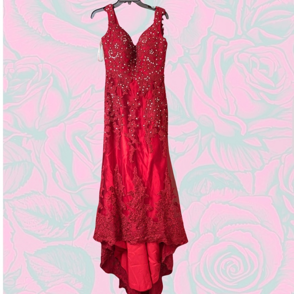Red Lace Rhinestone High-Low Prom Formal Evening Dress Size 4